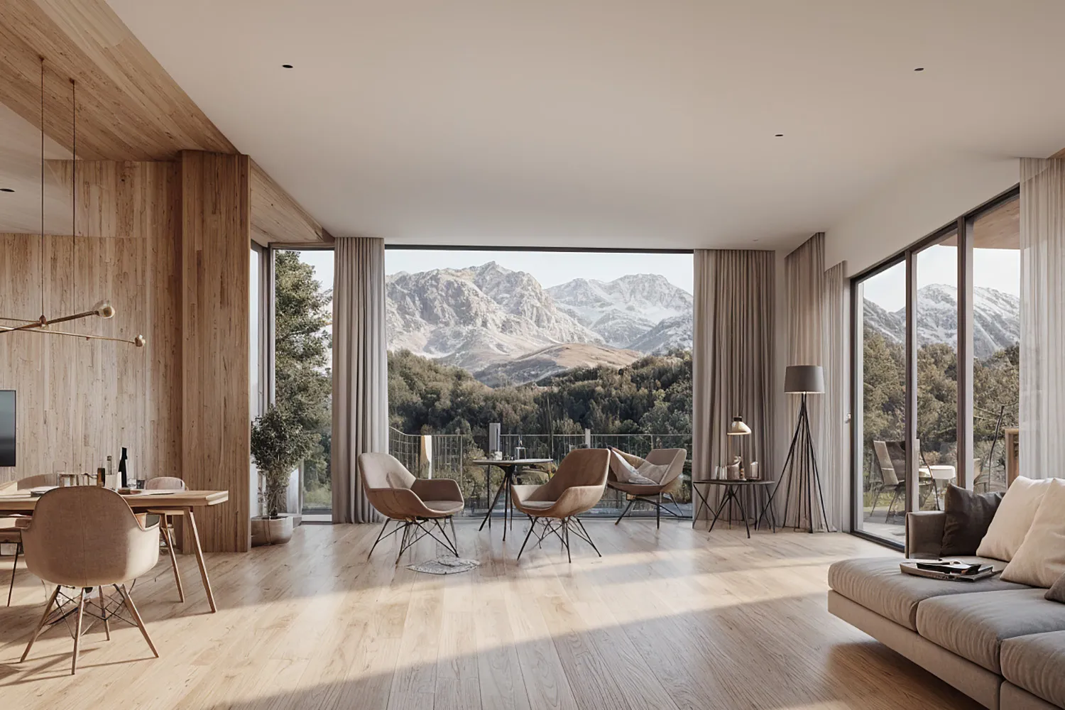 Bright open living room with panoramic Alpine mountain views