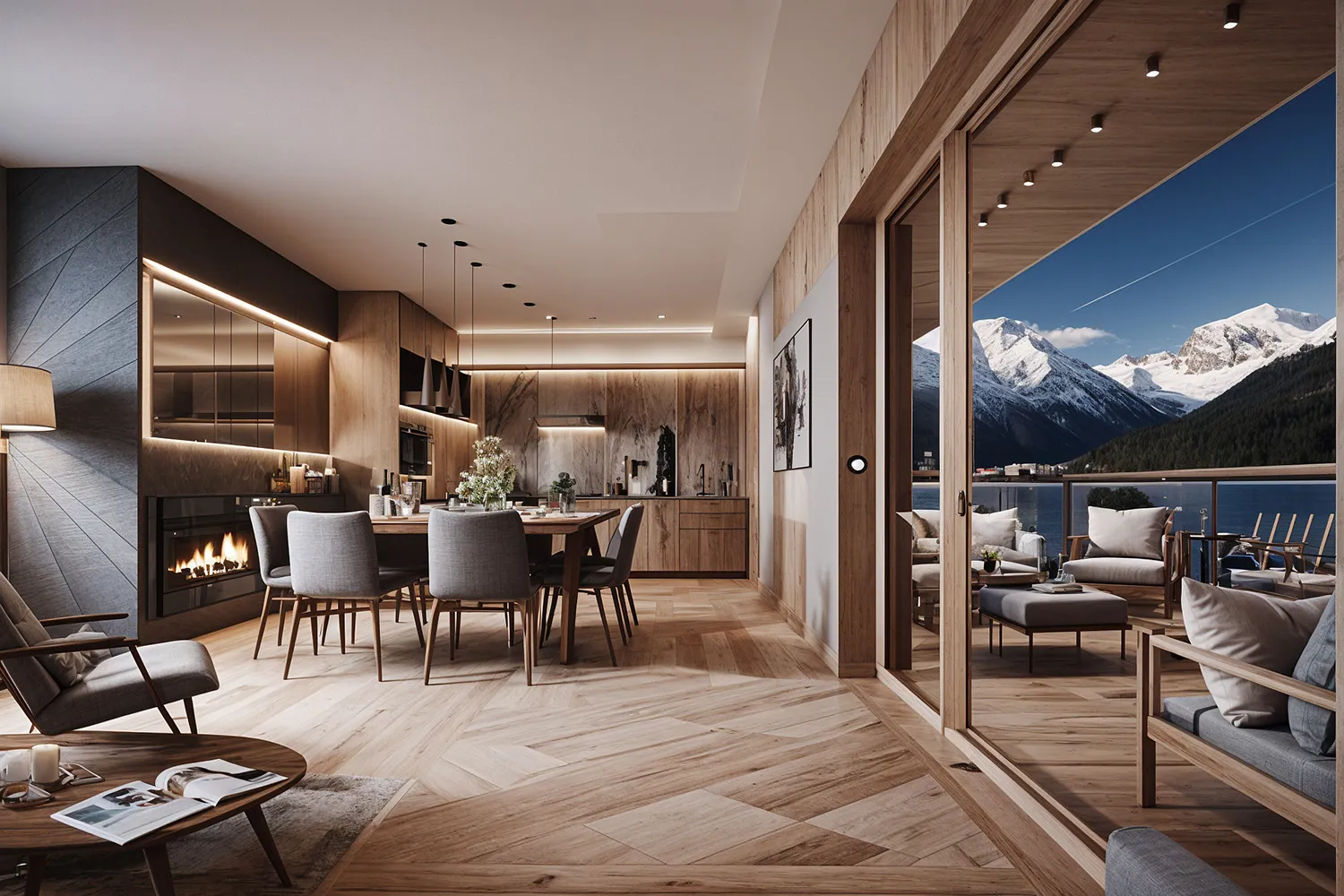 Five Valley Residences — open plan living room with panoramic mountain view
