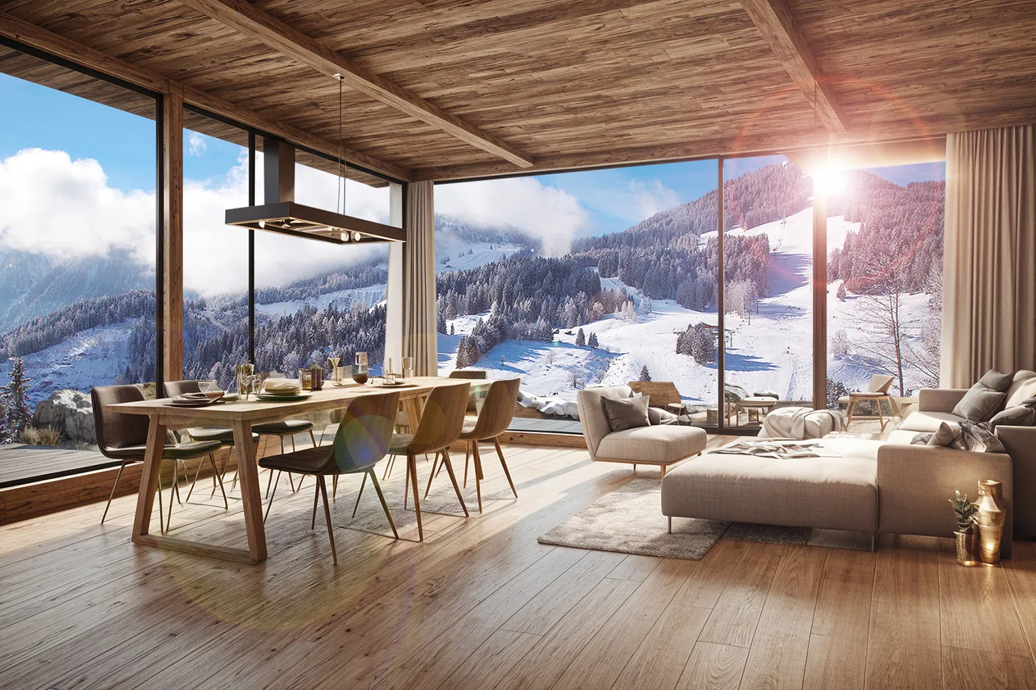 Five Valley Residences — dining and living with ski slope view