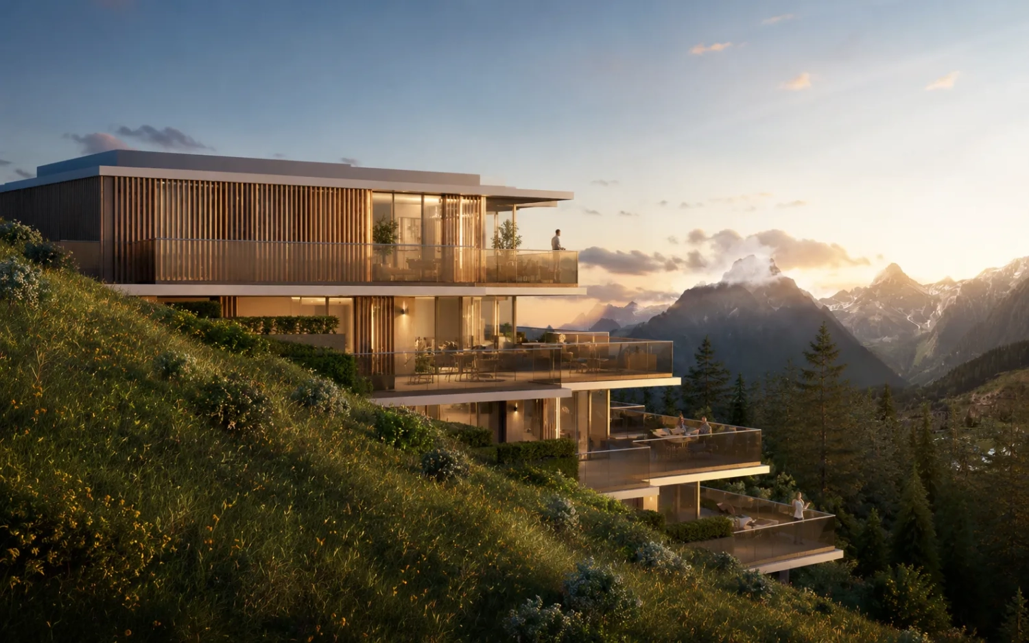 Elements Residences — modern alpine apartments at golden hour, Bürserberg