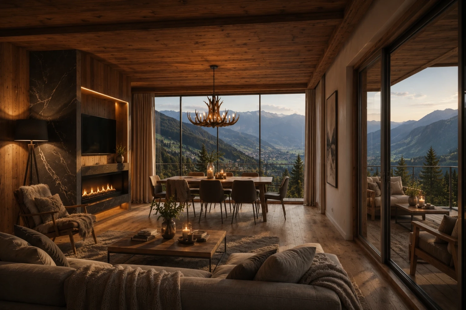 Open-plan living room with panoramic mountain views, Elements Residences