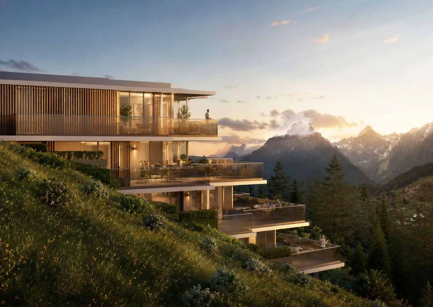 Elements Residences — modern alpine apartments at golden hour, Bürserberg