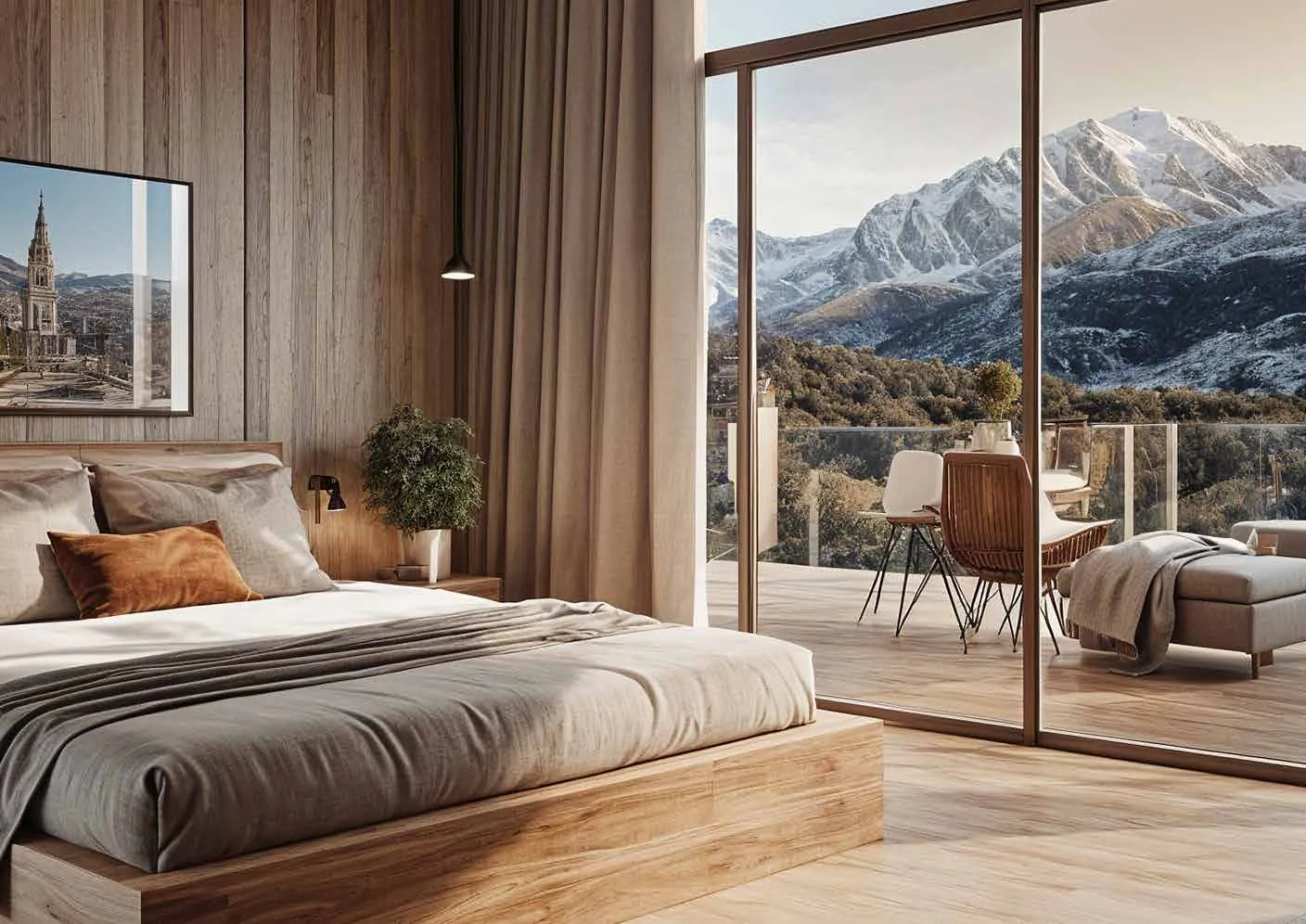 Bedroom with floor-to-ceiling alpine views, Elements Residences