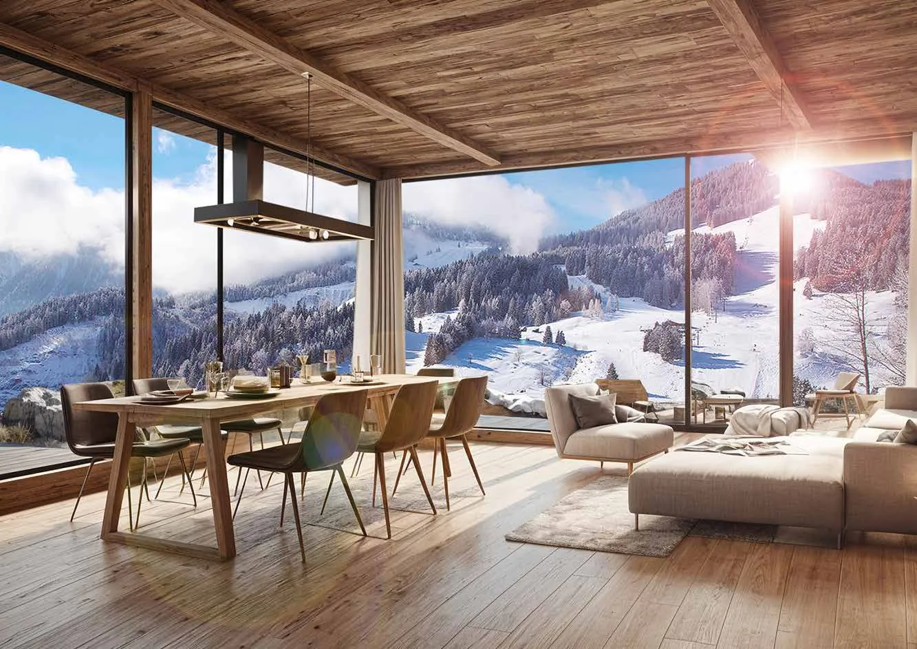 Dining area framed by floor-to-ceiling glass, Elements Residences