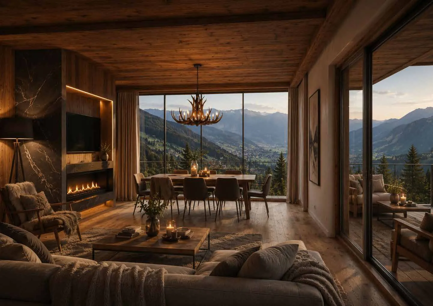 Open-plan living room with panoramic mountain views, Elements Residences