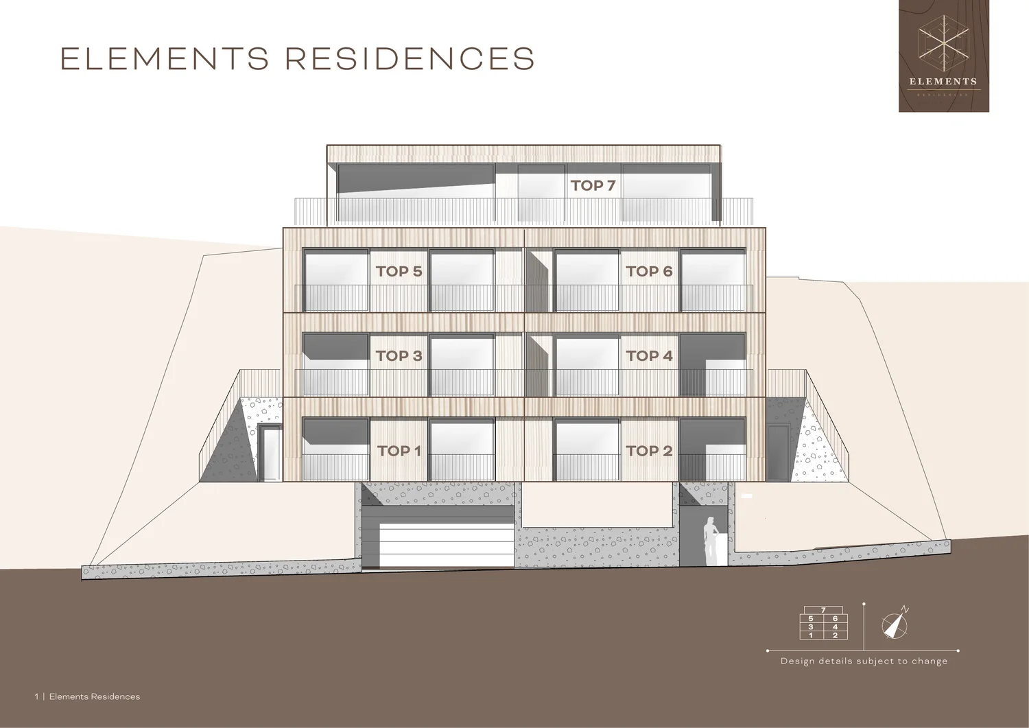 Elements Residences building cross-section showing apartments Top 1 to 7