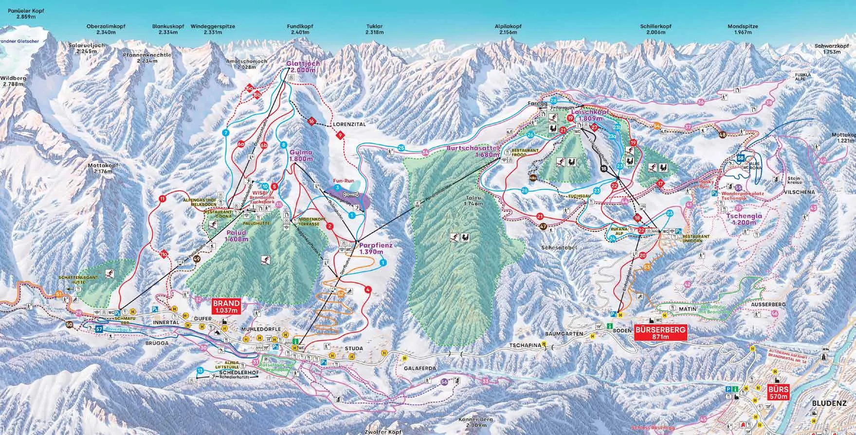 Brandnertal / Bürserberg ski area piste map